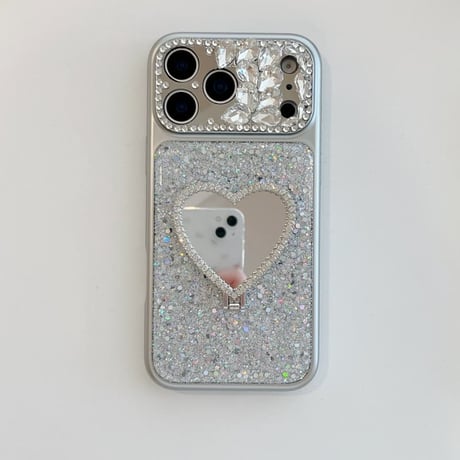CUTECASE ハート型ミラーリングスタンド iPhone17Pro/17ケース ダイヤデコ iPhone16Pro/15/14ケース キラキラ感 可愛い 美しいCM6267