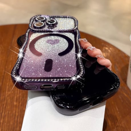 うねうねジュエリーライン iPhone17Pro/17ケース MagSafe対応 ハート柄 iPhone16/15/14ケース ラグジュアリー感 メタリックカラー レンズ保護CM6311
