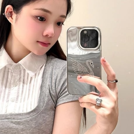 CUTECASEジュエリースワン iPhone16pro/16カバー メイク直し鏡 iPhone15pro/14promax/13ケース 頑丈 上品 大人可愛い CM5212