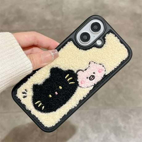CUTECASE毛織物 iPhone16Pro/16ケース 刺繡 猫 iPhone15Pro/14Promax/13カバー 耐衝撃 頑丈 ギフトに最適 CM4811