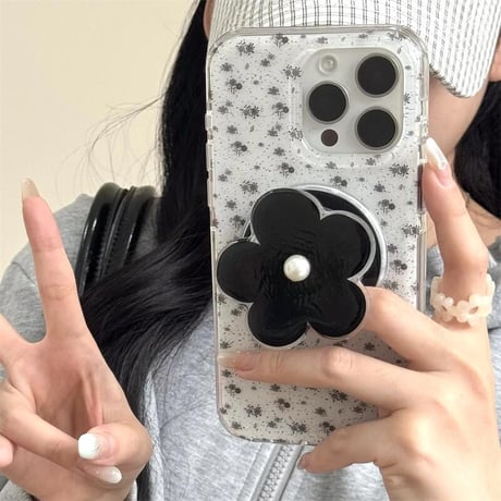 CUTECASE 黒花グリップ iPhone16pro/17ケース MagSafe充電 iPhone15/14promaxカバー パール オシャレ 大人可愛い CM5653