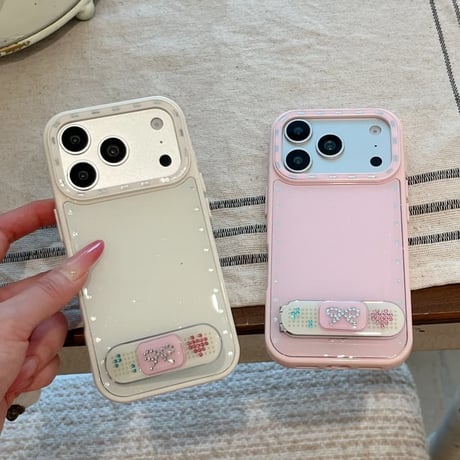 CUTECASE ダイヤリボンスタンド iPhone17Pro/17ケース ストーンライン iPhone16Pro/15/14ケース 淡色系 ガーリーファッションCM6338