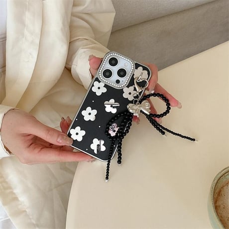 CUTECASE鏡付花 iPhone16pro/16ケース ジュエリー リボンチャーム iphone15pro/14/13proカバー 大人可愛い 女子力高いCM5188