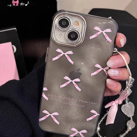 CUTECASEリボン柄 iPhone15/15proケース ラメ入り キラキラレンズフイルム付 iPhone14/13pro/12proケース ストラップ付 丈夫CM4030