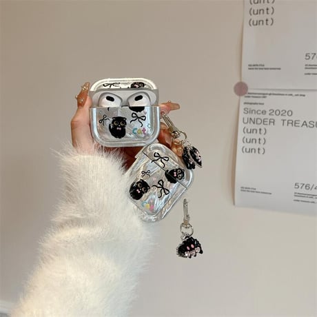 CUTECASE黒猫 Airpods3/proケース 可愛いアクセサリー付 AirpodsPro2カバー キラキラ 丈夫 ギフトにおすすめCM4006