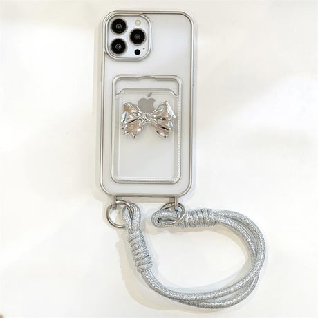 CUTECASE リボンカード入れ iPhone15pro/15promaxケース 短い/長いストラップ付 iPhone14pro/13/12カバー メッキ 便利 CM4387