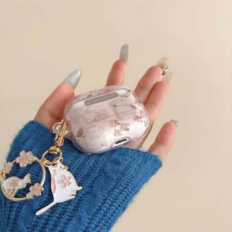 CUTECASE春夏におすすめ Airpods4ケース 花柄/兎 Airpods3/Pro2ケース airpodspro2カバー キーチェーン付 女子力高い ピンクCM5146