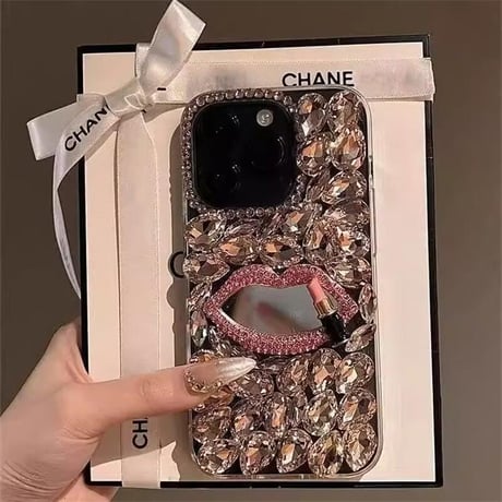 CUTECASEおしゃれ iPhone16pro/16eケース 唇鏡付 ダイヤデコ iPhone15pro/14/13/12カバー 豪華 存在感抜群 CM5327