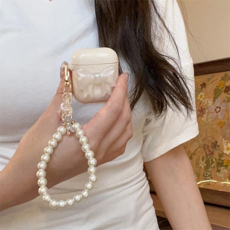 CUTECASE 立体リボン Airpods4ケース パールストラップ付 AirpodsPro2ケース airpods3/2カバー 高級感 淡色系 ベージュ色 CM5287