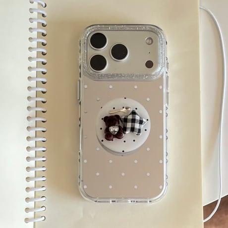 CUTECASE水玉模様ミラー iPhone17pro/17ケース 熊グリップ iPhone16/15promax/14ケース かわいい 多機能便利CM6352