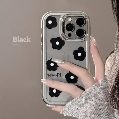 CUTECASE黒花 iPhone15/15proケース 高級感 アイフォン14promax/13proカバー 女子力高い かわいいCM4549