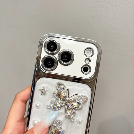 CUTECASE iPhone17Promaxケースダイヤ蝶 パール iPhone17/16Pro/15Proケース 豪華 オシャレ キラキラ感 CM6294