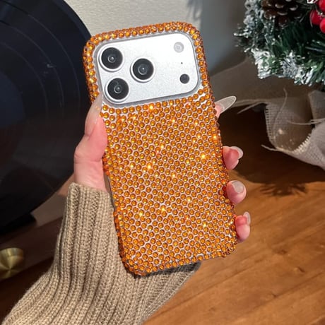 CUTECASE オレンジダイヤデコ iPhone17pro/17ケース 高級感たっぷり iPhone16/15proケース 綺麗ストラップ キラキラCM5977