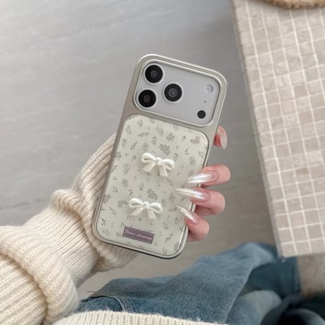 CUTECASE 淡色系 iPhone17Pro/17ケース リボンデコ 草花柄 iPhone17ProMax/16Pro/15カバー キュート ガーリーファッション 韓国っぽCM6083