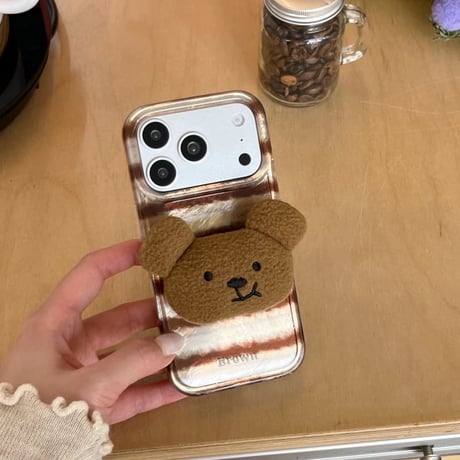 CUTECASE 熊グリップ iPhone17/17Proケース シック縞模様 アイフォン16ProMax/15Pro/14カバー スタンド機能 可愛いCM5912