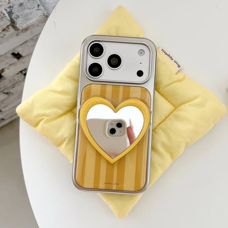 CUTECASE ハートミラー iPhone17/17Proケース高級感 ストライプ柄 iPhone16Pro/15romaxケース 光沢感 イェローCM6488