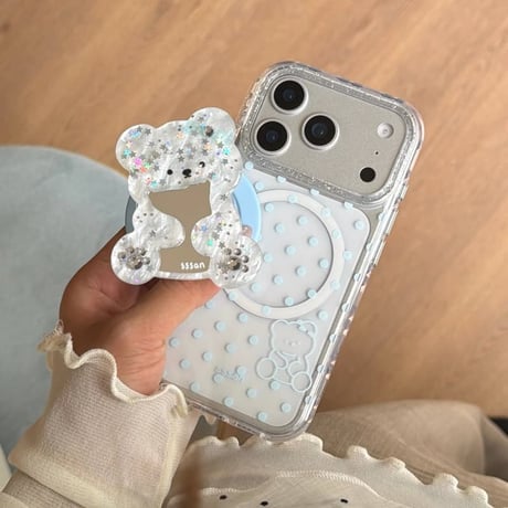 CUTECASE 鏡を持ったクマちゃんグリップ iPhone17pro/17ケース MagSafe対応 iPhone16/15promax/14ケース かわいい 多機能便利CM6284