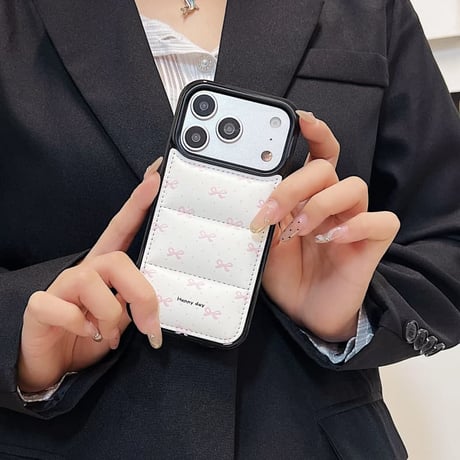CUTECASE リボン柄ダウンジャケット風 iPhone17Pro/17ケース 上品 頑丈 iPhone16Pro/15カバー 冬に人気 CM5778