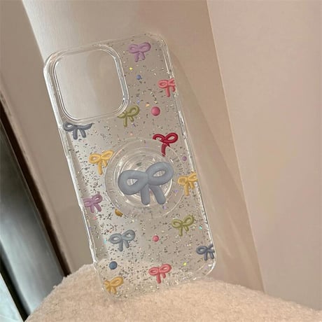 CUTECASE大人可愛い iPhone16/16proケース リボン グリップ付き iPhone14/13pro/12proカバー ラメ入り キラキラCM5164