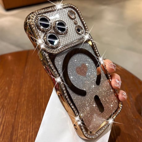うねうねジュエリーライン iPhone17Pro/17ケース MagSafe対応 ハート柄 iPhone16/15/14ケース ラグジュアリー感 メタリックカラー レンズ保護CM6311