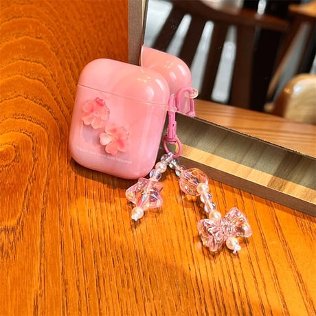 CUTECASE ピンクさくら AirpodsPro2/1ケース 大理石調 airpods3/2/2カバー リボンチャーム付 女子力アップ シック CM4322