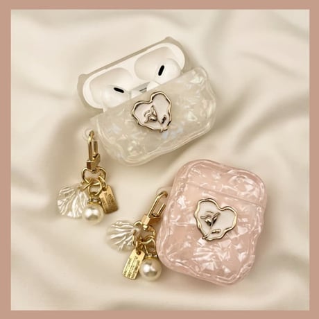 CUTECASE シェル柄 Airpods Pro3ケース 薔薇 Airpods4/3カバー pro2/Pro1ケース 可愛いパールキーホルダー 光沢感CM6086