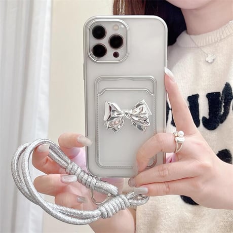 CUTECASE リボンカード入れ iPhone15pro/15promaxケース 短い/長いストラップ付 iPhone14pro/13/12カバー メッキ 便利 CM4387