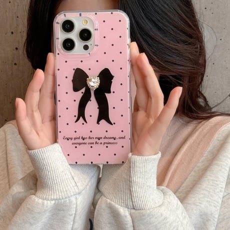 CUTECASEピンク iPhone15/15proケース ハートダイヤデコリボン柄 iPhone14/13pro/12ケース 水玉模様 可愛いCM4069