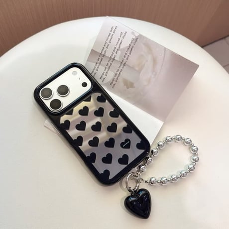 CUTECASE ハート柄ミラーiPhone17Promaxケース ブラック系 iPhone17Pro/16Pro/15Pro/14ケース ビーズストラップ 丈夫 CM6403