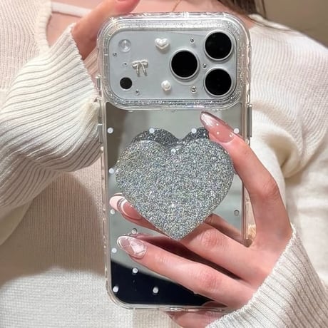 CUTECASE水玉模様ミラー iPhone17pro/17ケース ラメ入りハートグリップ iPhone16/15pro/14ケース 女子力高いCM6118