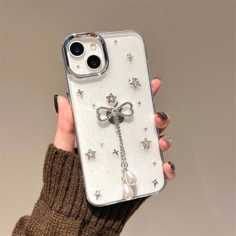 CUTECASE ジュエリーリボンフリンジ iPhone16pro/16ケース ラメ入り クリア iPhone14/13pro/12カバー 大人可愛い 人気アイテムCM5233