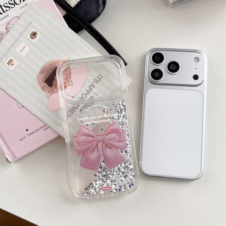 CUTECASE 動くダイヤ入り iPhone17Pro/17ケース リボン柄 iPhone16Pro/15ケース クリア キラキラ感 夏に人気 CM6274