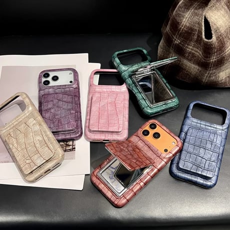 CUTECASE ワニ革 ミラースタンド付 iPhone17Pro/17ケース レザー 高級感 iPhone17ProMax/16Pro/15カバー 上品 高品質 耐衝撃 CM6074