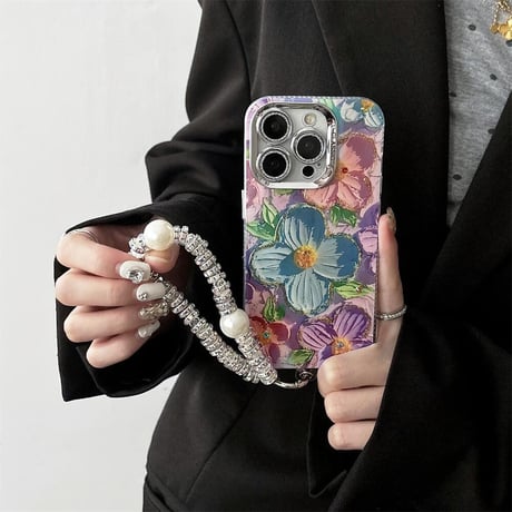 CUTECASE油絵の花 iPhone15Pro/15カバー お洒落ストラップ付 アイフォン14プロ/13/12ケース 光る 女子力アップ CM4555
