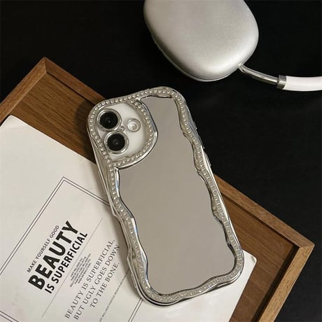 CUTECASEジュエリー鏡付 iPhone16/16proケース うねうね アイフォン15pro/14/13proケース 大人可愛い 女子力UP メッキCM5148