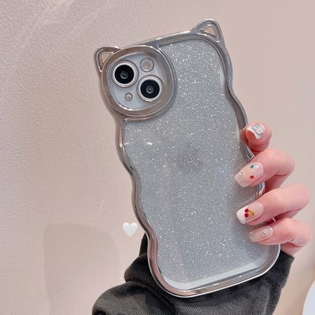 CUTECASE 猫の耳iPhone17Promaxケースラメ入りシール付き アイフォン16/15pro/14/13カバー オシャレ 可愛いうねうね メッキ CM2403
