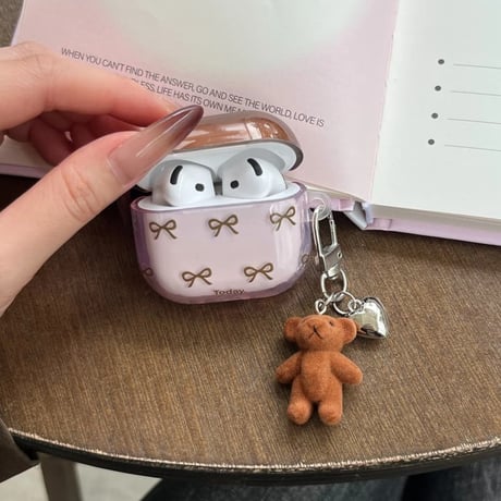 CUTECASE 韓国風 AirpodsPro3ケース リボン柄 エアポッズ4/3 AirpodsPro2/Proカバー リング/熊キーホルダー ギフトにおすすめ CM5810