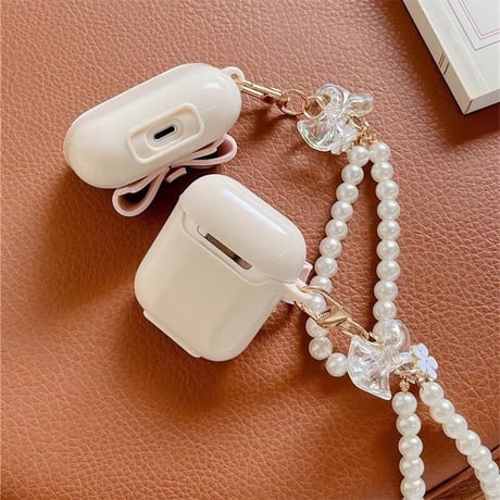 CUTECASE淡色系 Airpods 4ケース リボン ベージュ色 Airpods3/2カバー Airpodspro2/pro パールストラップ付 めっちゃ可愛いCM5033