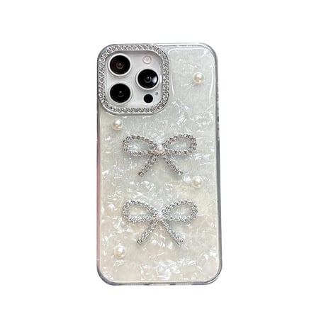 CUTECASE リボン/パールデコ iPhone16pro/17ケース ジュエリーカメラ枠 iPhone15/14promax/13 シェル調/ラメ星CM5646