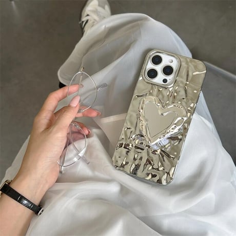 CUTECASE しわ模様 iPhone17/16proケース ハート型ミラー付グリップ付 iPhone15promax/14proケース ジュエリーストラップ 高機能CM5640