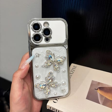 CUTECASE iPhone17Promaxケースダイヤ蝶 パール iPhone17/16Pro/15Proケース 豪華 オシャレ キラキラ感 CM6294