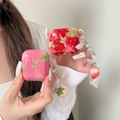 CUTECASE ストロベリー柄 Airpods Pro3ケース 美味しそう Airpods4/3カバー pro2/Pro1ケース 可愛いキーホルダー付 光沢感CM6167