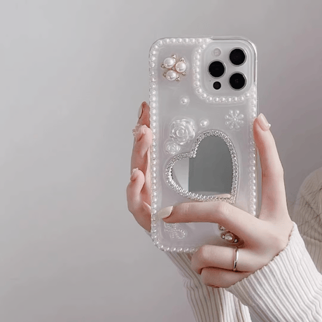 CUTECASE パール 鏡 iPhone15/15pro/15plusケース 可愛い iPhone14pro/13mini/12proカバー きれいめコーデ ギフトに最適 CM4041
