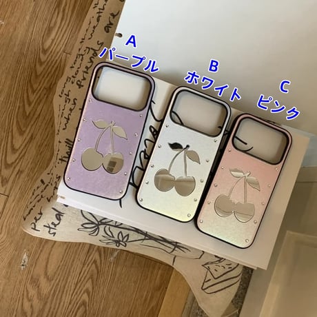 CUTECASEさくらんぼミラー iPhone17Pro/17ケース ダイヤデコ iPhone16Promax/15pro/14ケース レザー 高品質CM6301