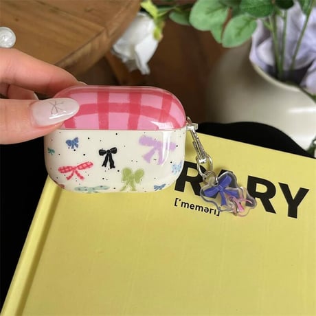 CUTECASEリボン Airpods 4ケース チェック柄 Airpods3/Pro2ケース airpodsproカバー リボンキーホルダー/リング付 CM5101