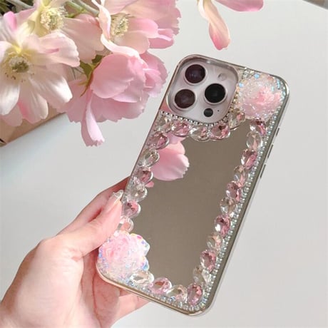 CUTECASEミラー iPhone16e/16proケース 蝶/花デコ ダイヤ/パール iPhone15promax/14/13カバー おしゃれ シック 女子力高い CM5281