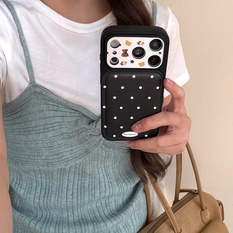 CUTECASE 熊ちゃんカメラカバー iPhone17Pro/17ケース 皮 水玉模様 iPhone17ProMax/16Pro/15カバー ブラック ギフトにおすすめCM6076