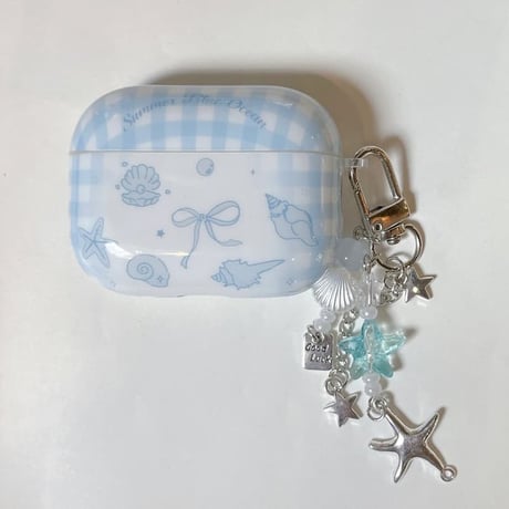 CUTECASE ブルーリボン柄 Airpods Pro3ケース 貝殻キーホルダー Airpods 4/3カバー AirpodsPro2/1 大人可愛いCM6297