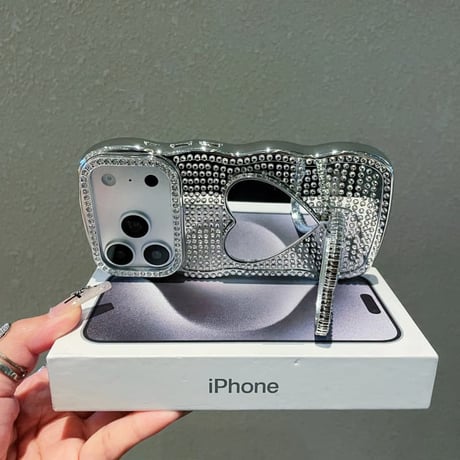CUTECASE ハート型ミラーリングスタンド iPhone17/17proケース ジュエリーデコ iPhone16/15Pro/14Promaxカバー うねうねライン 高級感 便利CM6201