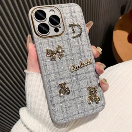 CUTECASE織物 iPhone17Pro/17ケース リボン/熊デコ カメラ保護カバー iPhone17ProMax/16/15カバー 放熱仕様 セレブ愛用 CM5845